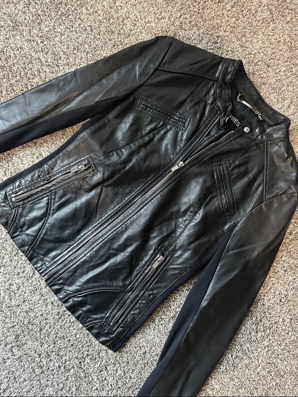 Express Black Leather Moto Jacket with Snap Collar SMALL - Picture 10 of 12